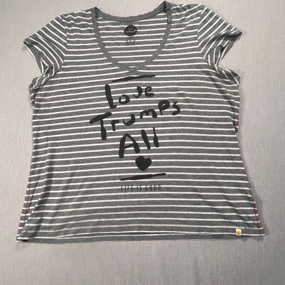 Life Is Good Women’s XL‎ Striped V Neck Tee Love Trumps All Casual Top Fitted